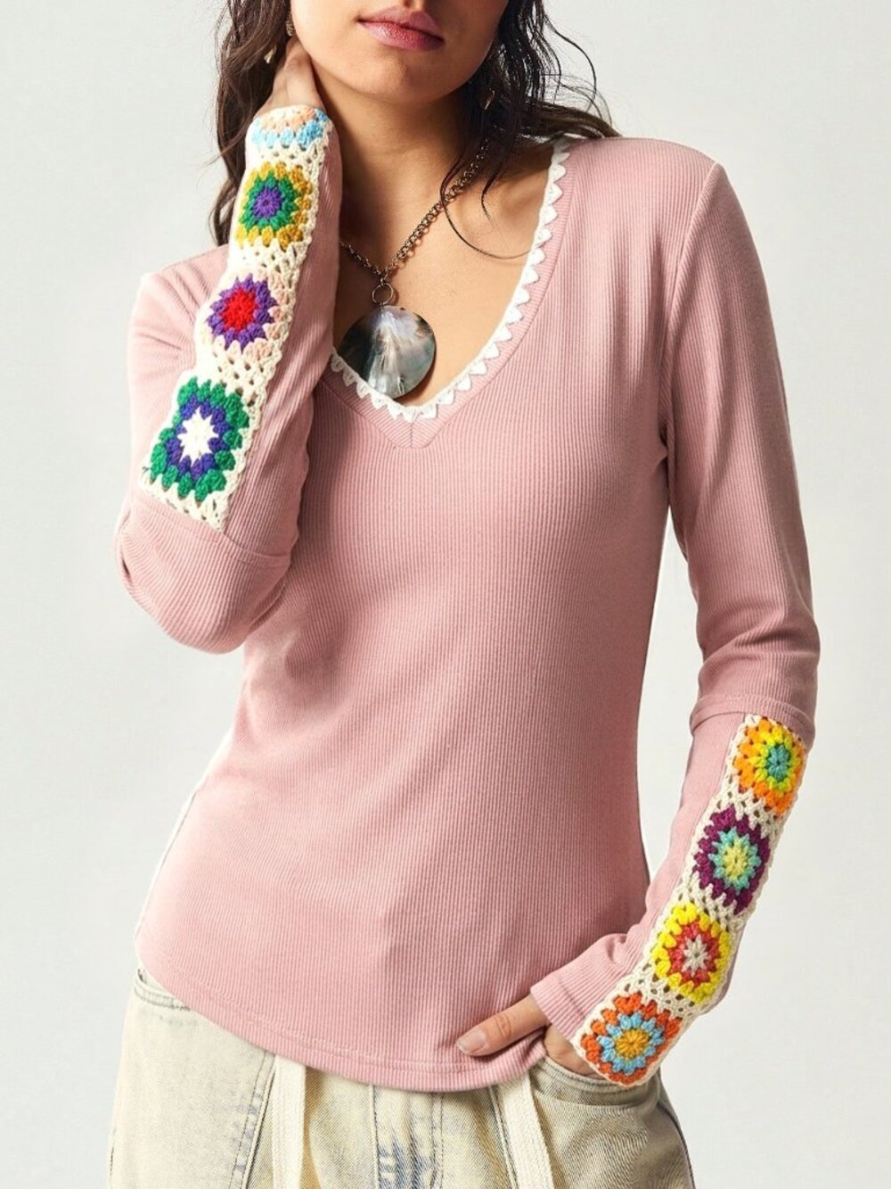 Pink Casual Women's Vacation Knitted V-Neck Long Sleeve Fitted Washed T-Shirt